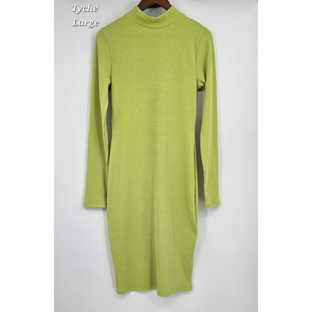 TYCHE Ribbed Mock Neck Midi Dress Lime Green Fitted Keyhole‎ Back Bodycon L
